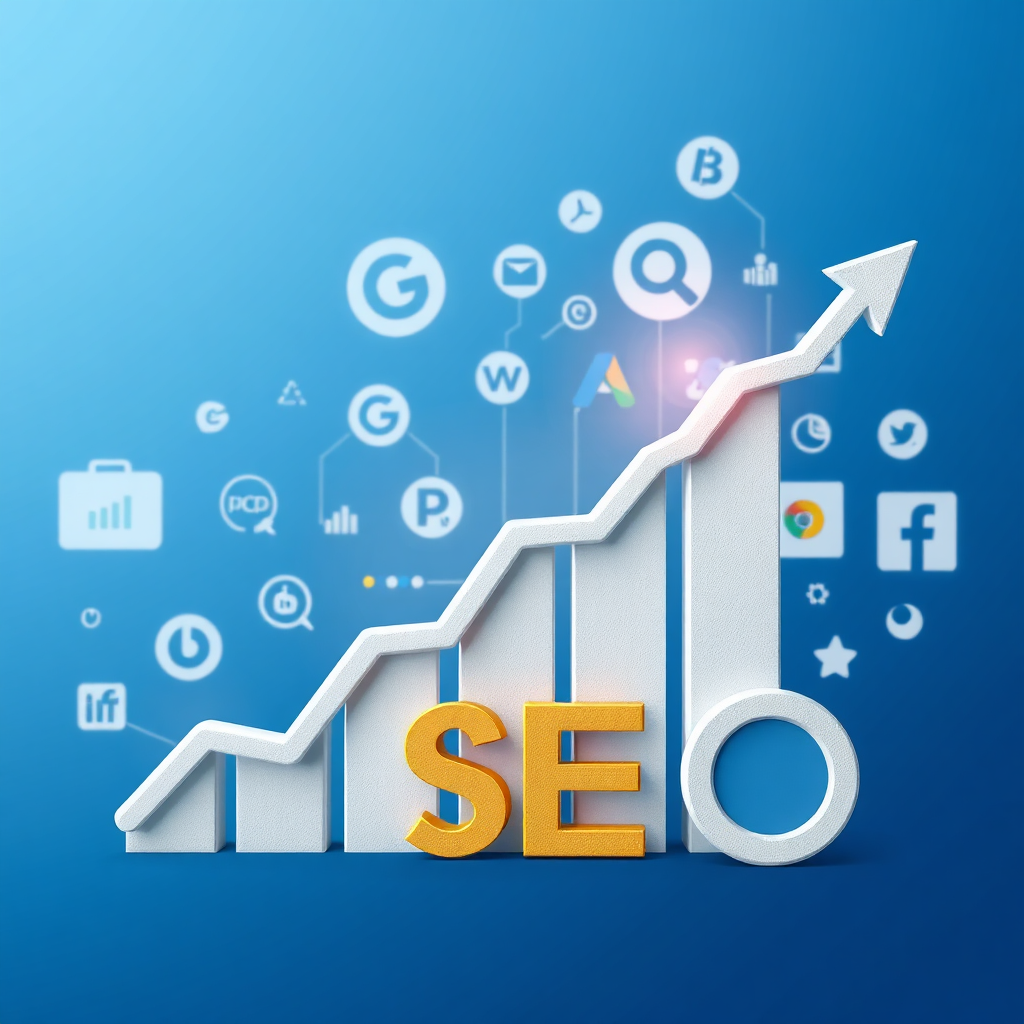 A photorealistic image representing SEO and online advertising. Visualize a graph trending upwards, with search engine icons (Google, Bing, etc.) and ad icons (Google Ads, Facebook Ads, etc.) in the background. The color palette is blue and white, with a touch of gold to represent success. The image should convey the concept of increased visibility and traffic.