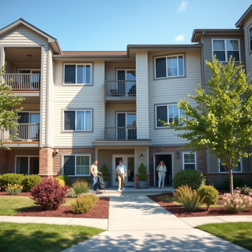 A photorealistic image showing the exterior of a well-maintained apartment building. There are residents happily entering and exiting the building. Landscaping is neat and tidy. Focus on the visual appeal and sense of community. Style: clean and modern.