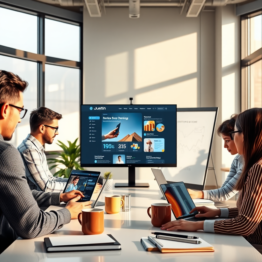 A photorealistic, ultra-high-resolution (8K) hero image for Justin Digital Marketing Agency. The scene depicts a modern office space bathed in soft, diffused natural light. Several team members are collaboratively working on laptops, displaying website designs, social media dashboards, and SEO analytics. The composition should emphasize teamwork and innovation. Color palette leans heavily on a sophisticated blend of blues, golds, and whites. A sleek, mobile-friendly website design is prominently featured on a large monitor. Props include stylish coffee mugs, notebooks, and a whiteboard with sketched marketing strategies. The camera angle is slightly low, creating a sense of aspiration and power. Textures are highly detailed, showcasing the quality of the materials and the professionalism of the environment. Style references include modern tech company aesthetics with a touch of minimalist design. Hyperrealistic rendering to convey trust and expertise.
