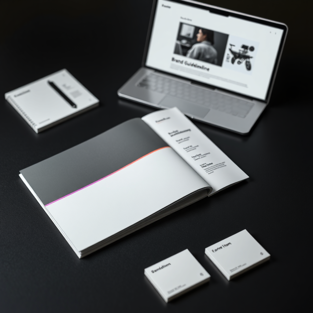 Branding guidelines and stationery on a desk