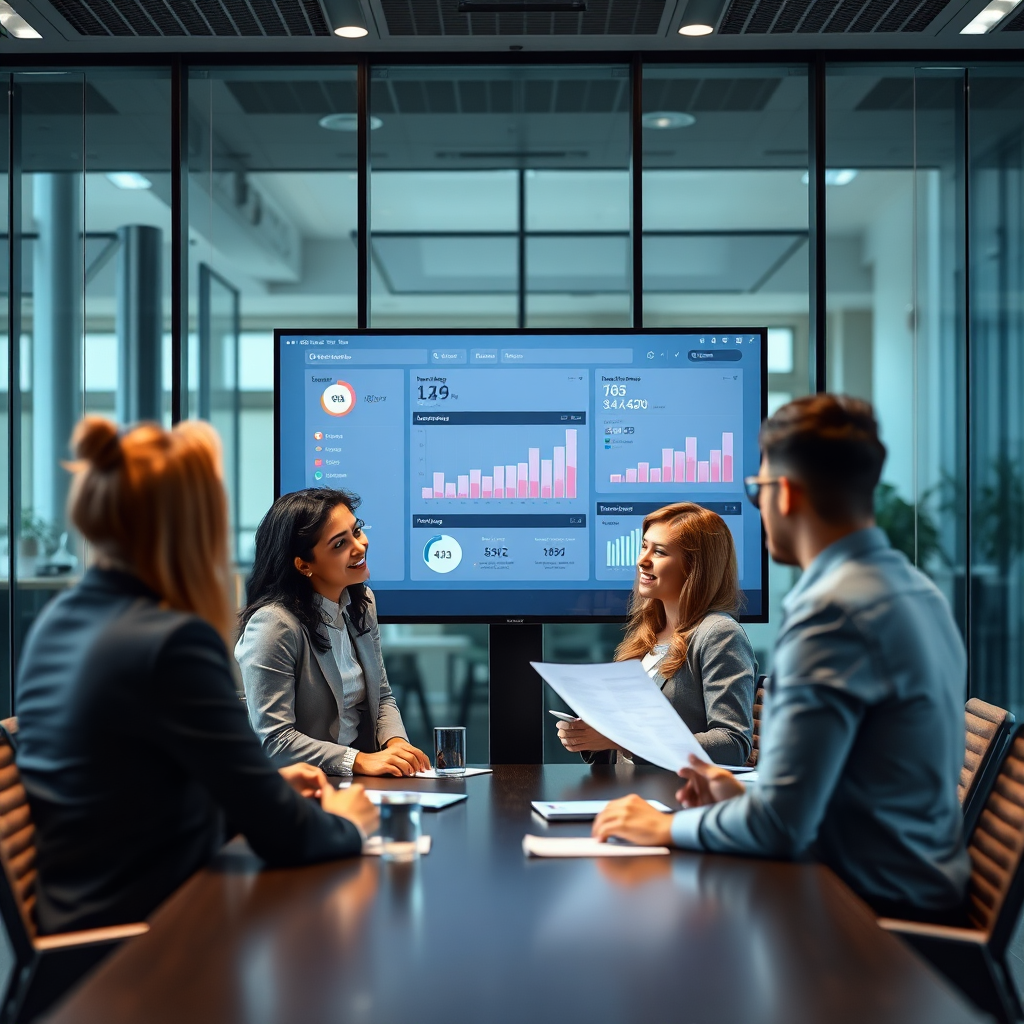 Marketing team reviewing analytics in a modern office