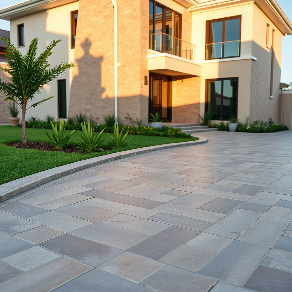 Stamped concrete paving at a modern residence entrance