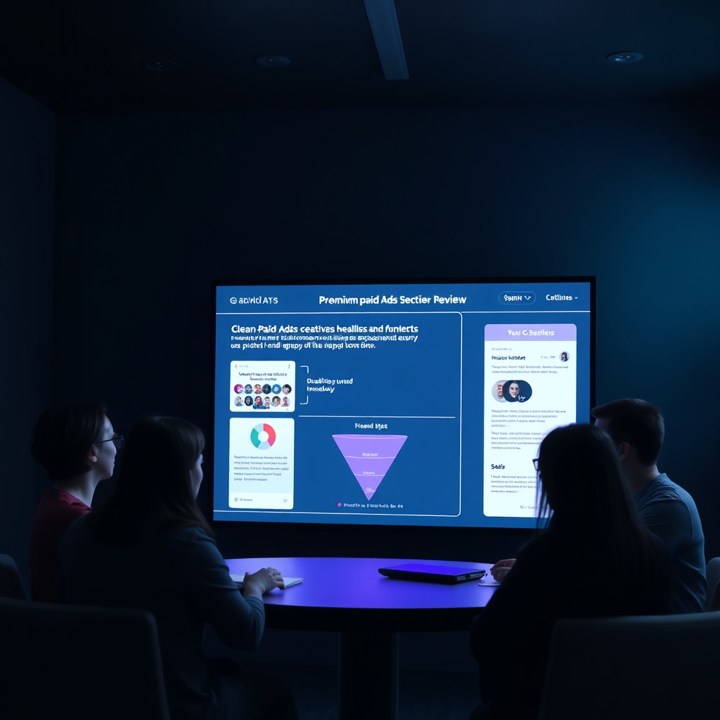 Team reviewing ad creatives on a large screen