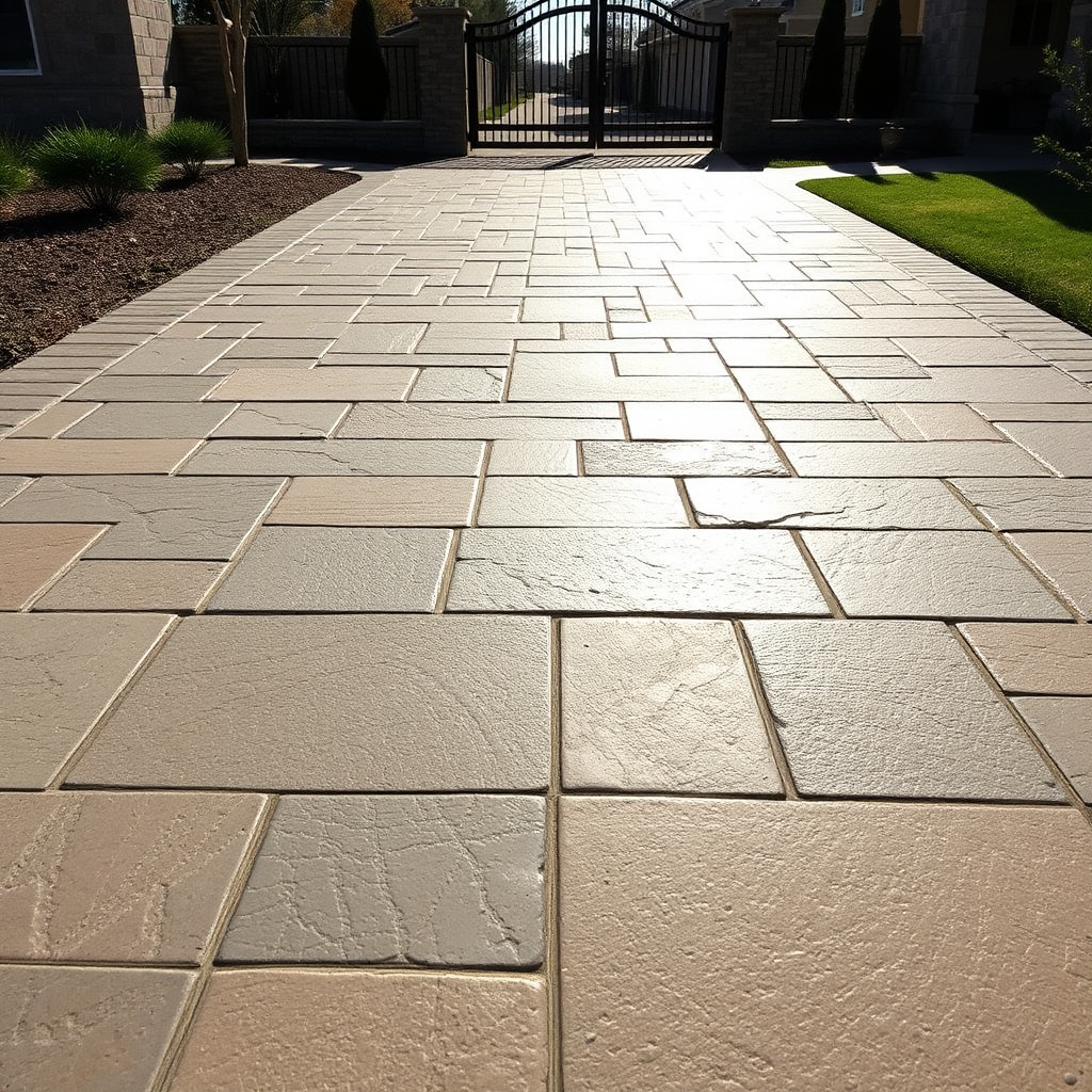 Stamped concrete driveway with stone pattern and sealed finish