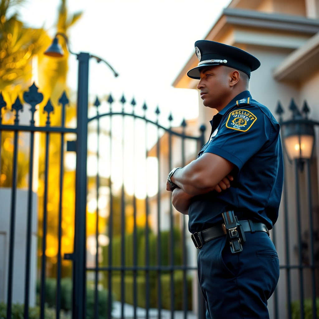 Professional security officer at a luxury residence