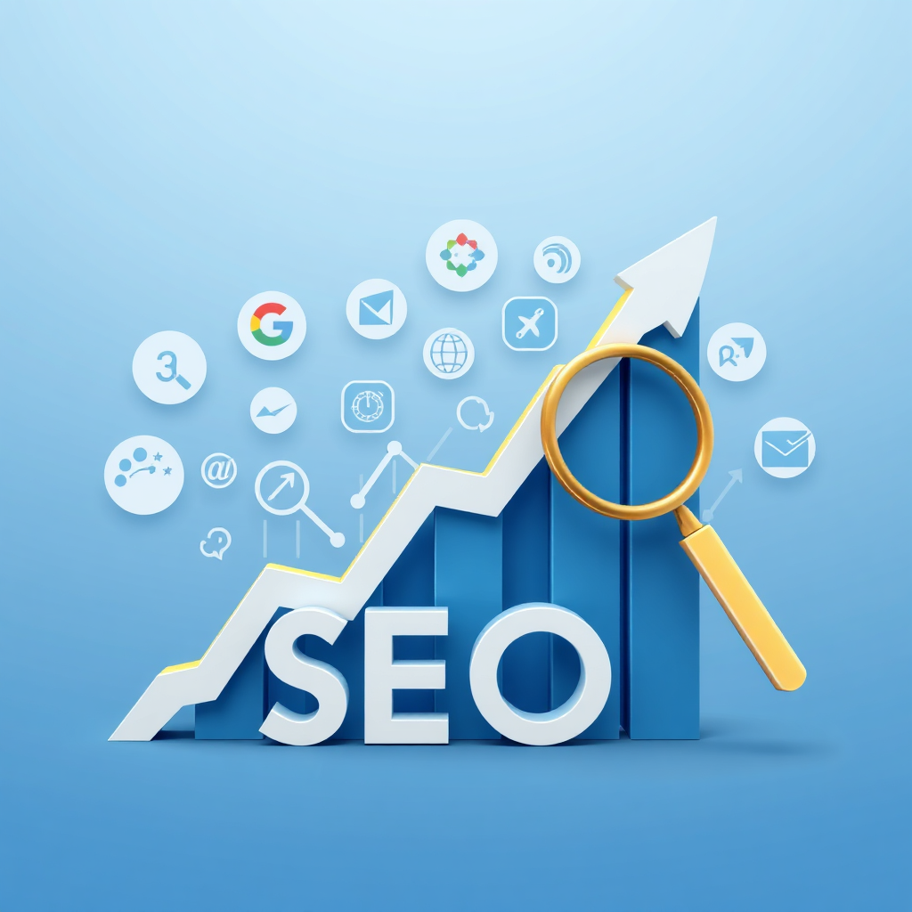  A stylized image representing SEO. Visualize a graph trending upwards, with search engine icons (Google, Bing, etc.) in the background. The color palette is blue and white, with a touch of gold to represent success. The image should convey the concept of increased visibility and traffic. Consider using arrows and magnifying glasses as visual elements. 4K resolution.
