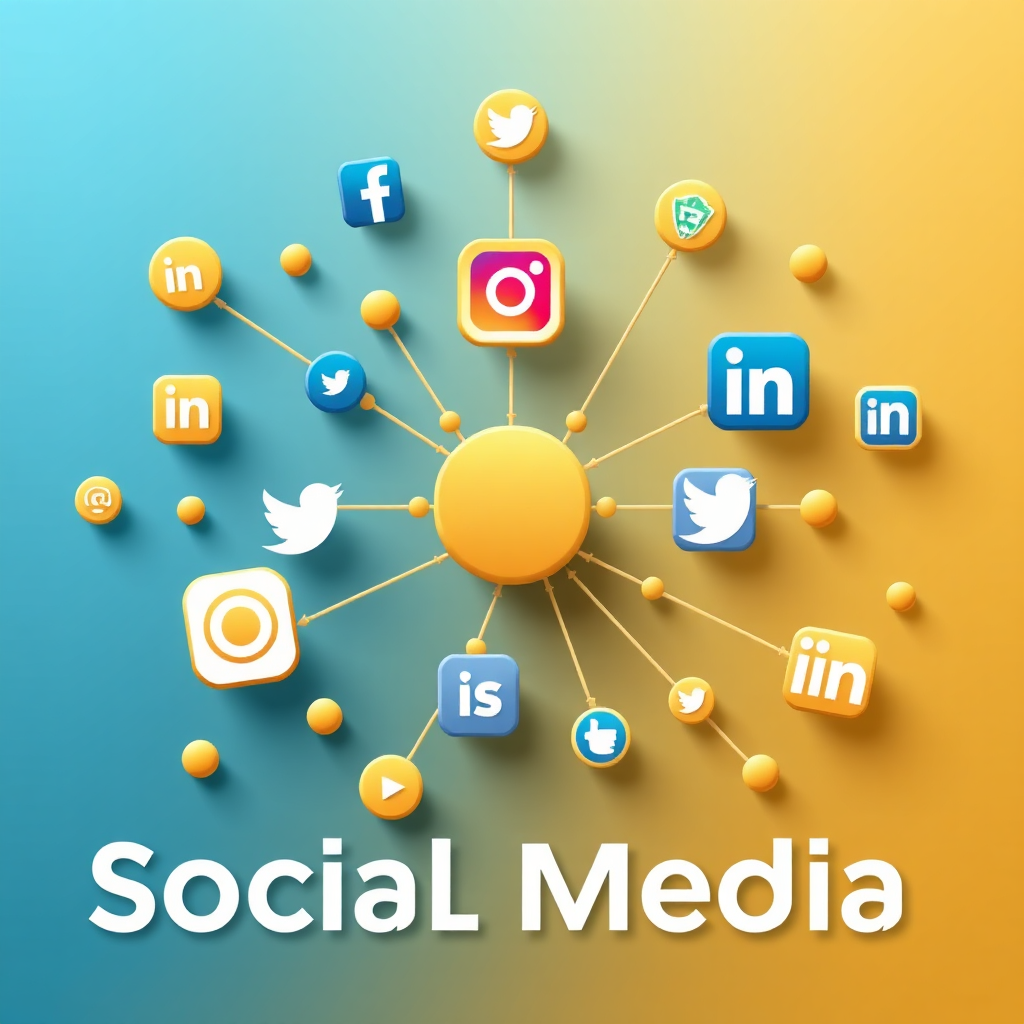 A central hub surrounded by various icons representing social media platforms, email, and search engines. These elements are connected by glowing lines, indicating a network. Color palette is blue, white, and gold. 4k resolution.