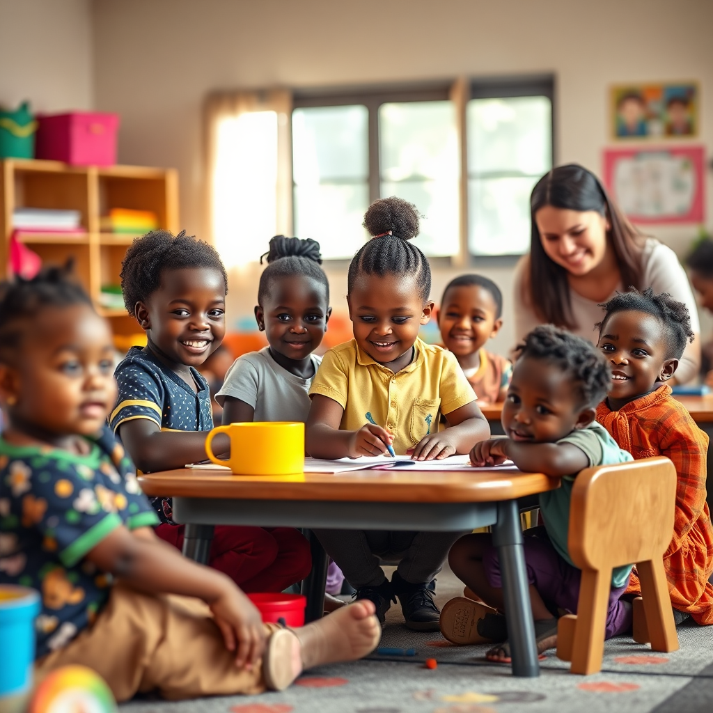 Happy Nigerian children learning and playing in a classroom