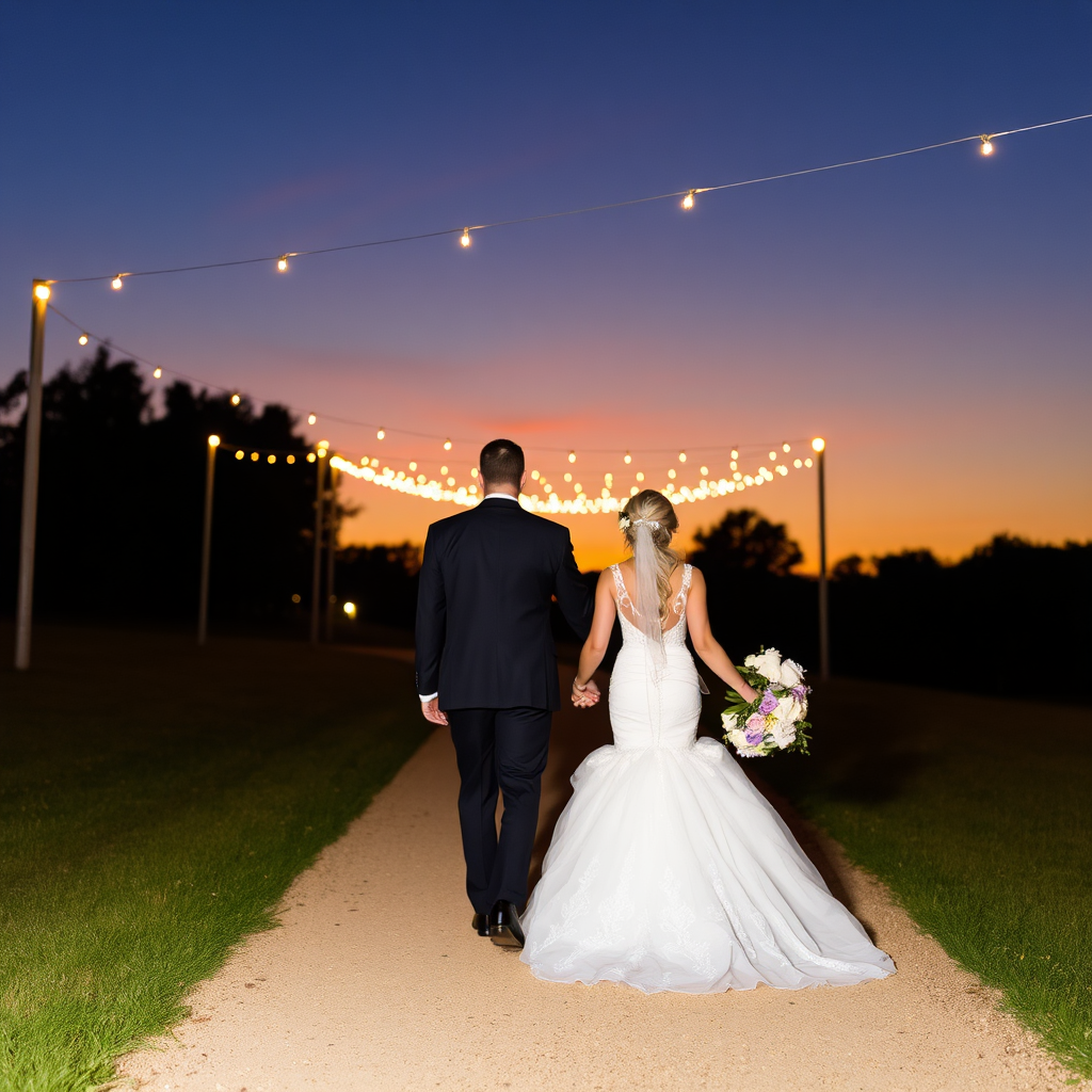 Bride and groom walk after sunset