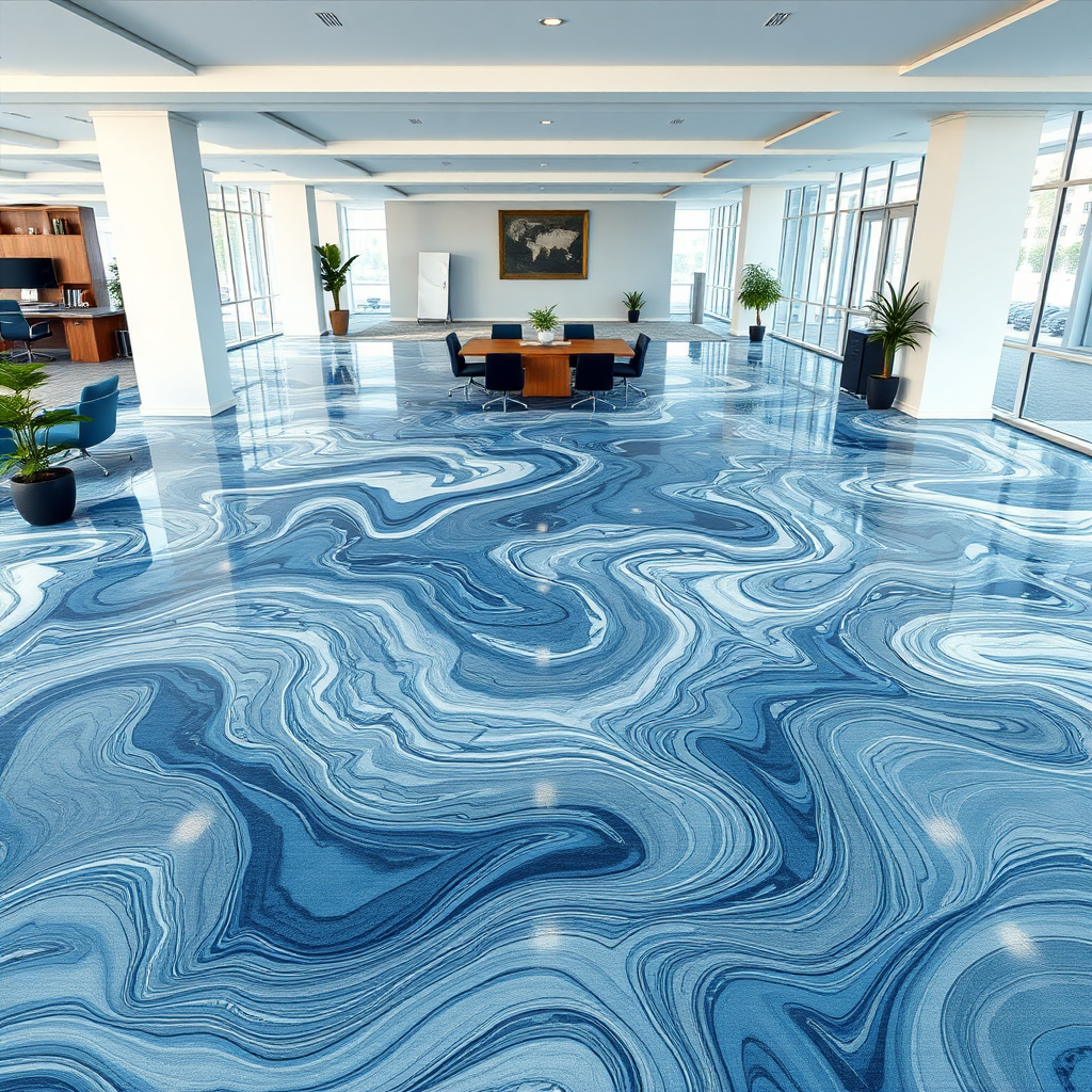 Create a photorealistic image showcasing a large, open-plan office space with a stunning 3D epoxy floor. The floor features a complex, swirling design in shades of blue, grey, and white, creating an illusion of depth and movement. The lighting should be bright and even, highlighting the seamlessness and glossy finish of the floor. Incorporate modern office furniture and plants to showcase the functionality and aesthetic appeal of the flooring. Camera angle should be slightly elevated to capture the expanse of the floor. 4K resolution.