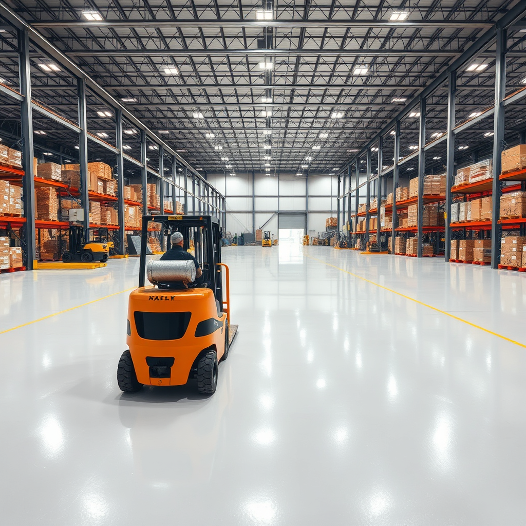 Create a photorealistic image showcasing a large warehouse with industrial-grade epoxy flooring. The floor is clean, seamless, and resistant to heavy machinery and spills. The lighting should be bright and functional, highlighting the durability and practicality of the flooring. Include elements like forklifts, storage racks, and workers to showcase the scale and functionality of the flooring in an industrial setting. Camera angle should be slightly elevated to capture the expanse of the warehouse. 4K resolution.