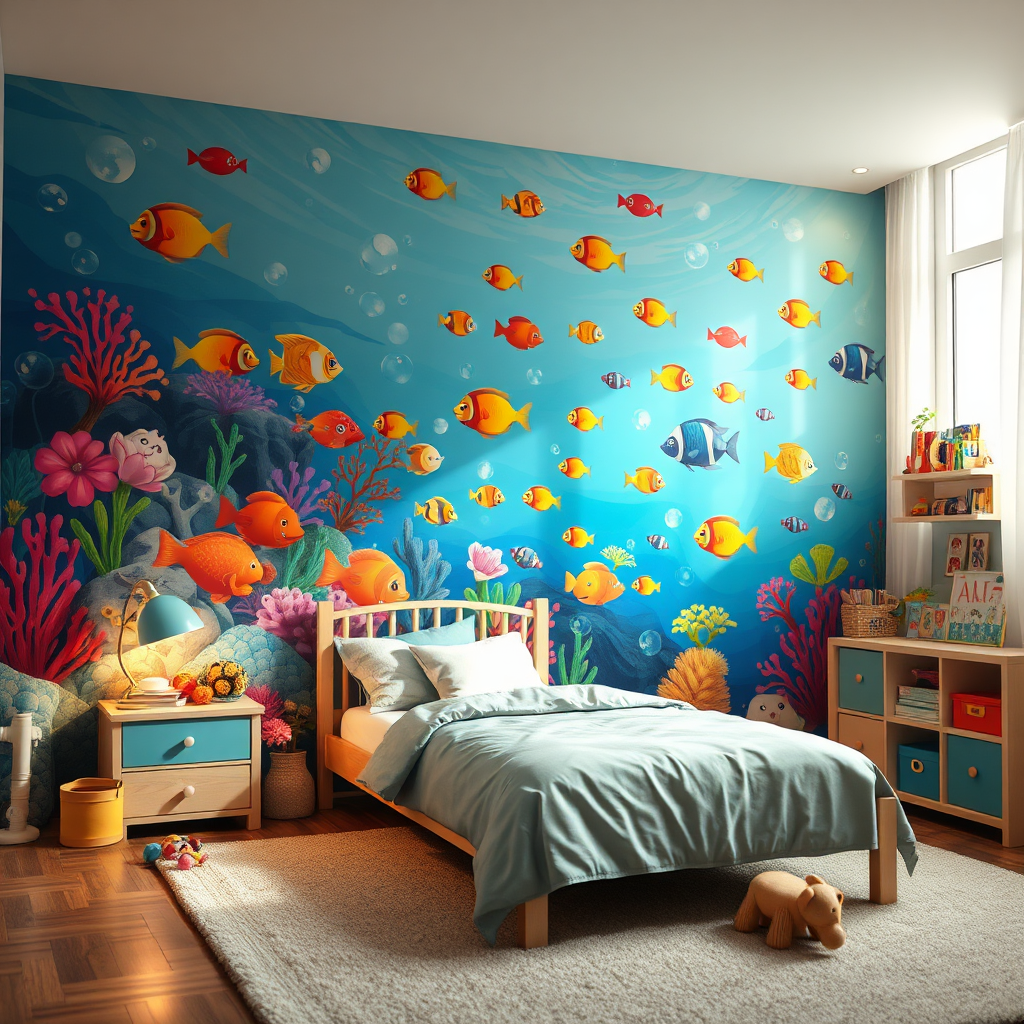 Create a photorealistic image showcasing a vibrant and detailed wall mural in a child's bedroom. The mural depicts a whimsical underwater scene with colorful fish, coral reefs, and playful sea creatures. The lighting should be soft and warm, creating a cheerful and inviting atmosphere. Include elements like a bed, toys, and other children's furniture to showcase the scale and impact of the mural. Camera angle should be slightly low to capture the full height of the mural. 4K resolution.