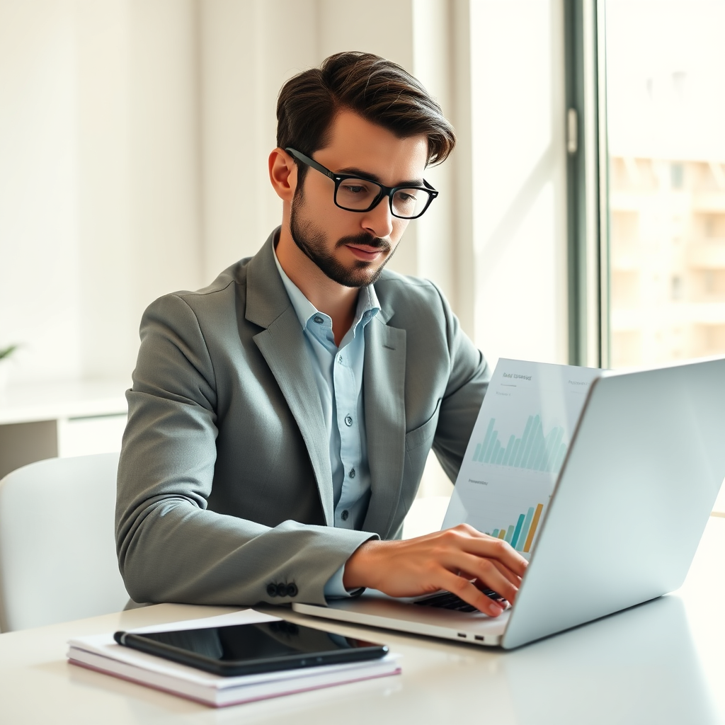 Modern professional workspace with growth dashboard