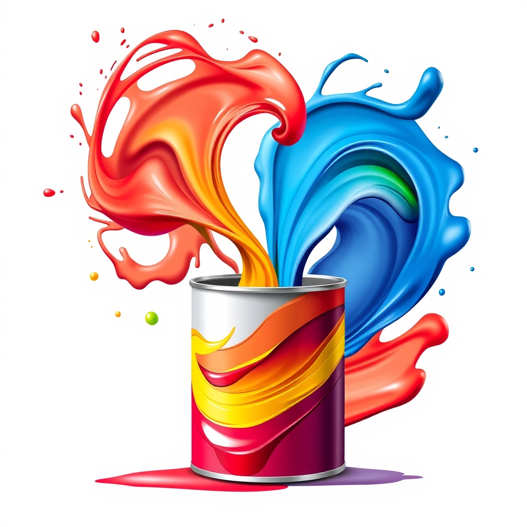 Create a stylized image depicting a paint can with vibrant colors swirling out of it, forming abstract shapes and patterns. The background should be a minimalist white canvas, highlighting the colors and movement. The style should be dynamic and artistic, representing creativity and innovation. 4K resolution.