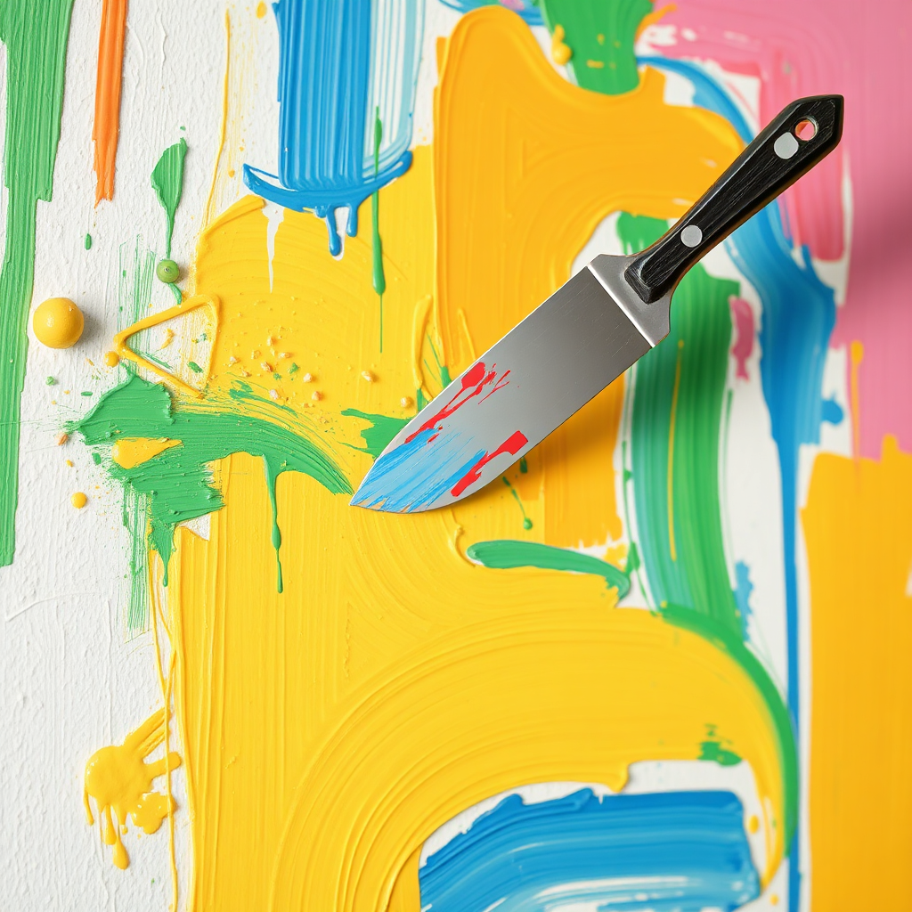Create a stylized image depicting a colorful paint palette knife in motion on a wall, creating abstract patterns. 4k resolution.