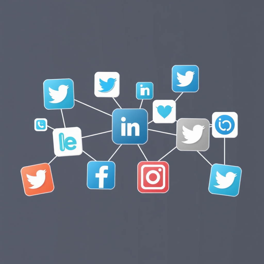 A photorealistic image of various social media icons (Facebook, Instagram, Twitter, etc.) arranged in a visually appealing composition. The icons are interconnected, representing a cohesive social media strategy. The color palette is blue and white, with pops of color from the social media logos. The lighting is bright and focused.