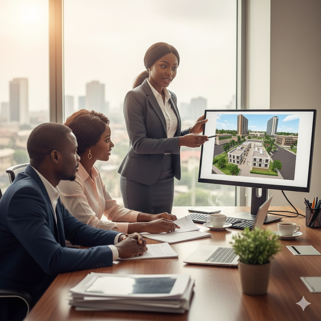 A 4K, high-quality image representing the diverse services of PETERETE GREAT REAL ESTATE. The central focus is a diverse group of people (a family, a business owner, a young professional) gathered around a table, reviewing property documents with a friendly agent. In the background, subtle elements representing land development (a blueprint), property management (a small apartment building), and a POS terminal subtly showcase the company's varied expertise. The color palette is warm and inviting, using earth tones and greens to convey trust and stability. The camera angle is slightly elevated, providing a clear view of the collaboration. Style reference: Modern, corporate, and welcoming. Texture: Sharp details on the documents, faces, and background elements. Lighting: soft, natural light. This image should communicate trust, expertise, and a commitment to client success.