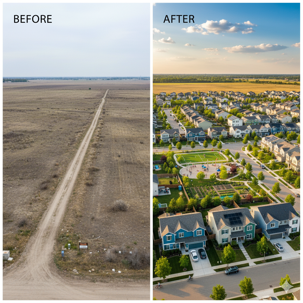 A photorealistic image of a construction site where a new housing estate is being developed. Heavy machinery is in operation, and construction workers are actively working on the project. In the background, newly built houses can be seen. The image should convey progress and development.