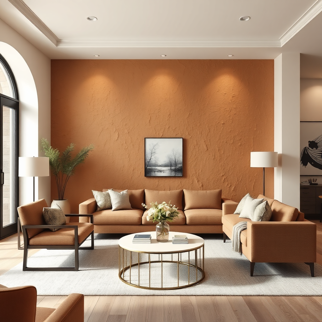 Generate a photorealistic image featuring a contemporary living room with a textured accent wall. The wall is finished with a unique paint technique, creating a subtle, three-dimensional effect. The color palette should be warm and inviting, with soft, diffused lighting to highlight the texture. Include elements like stylish furniture, artwork, and decorative items to complement the wall design. Camera angle should be at eye level to emphasize the texture and detail of the wall. 4K resolution.