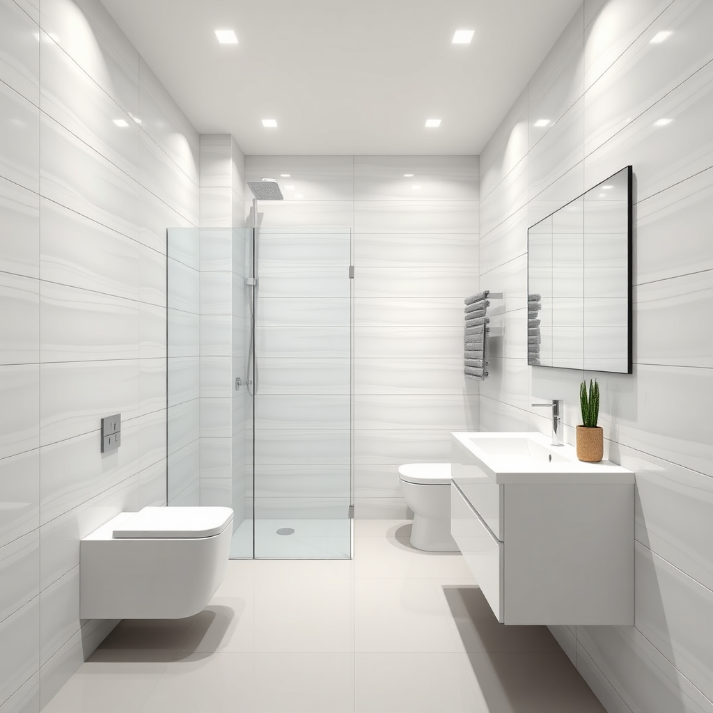 Generate a photorealistic image featuring a modern bathroom with PVC panels installed on the walls. The panels have a sleek, minimalist design in a light color, creating a clean and contemporary look. The lighting should be bright and even, highlighting the smooth surface and seamless joints of the panels. Include elements like a shower, toilet, and vanity to showcase the functionality and aesthetic appeal of the panels. Camera angle should be slightly elevated to capture the entire bathroom. 4K resolution.