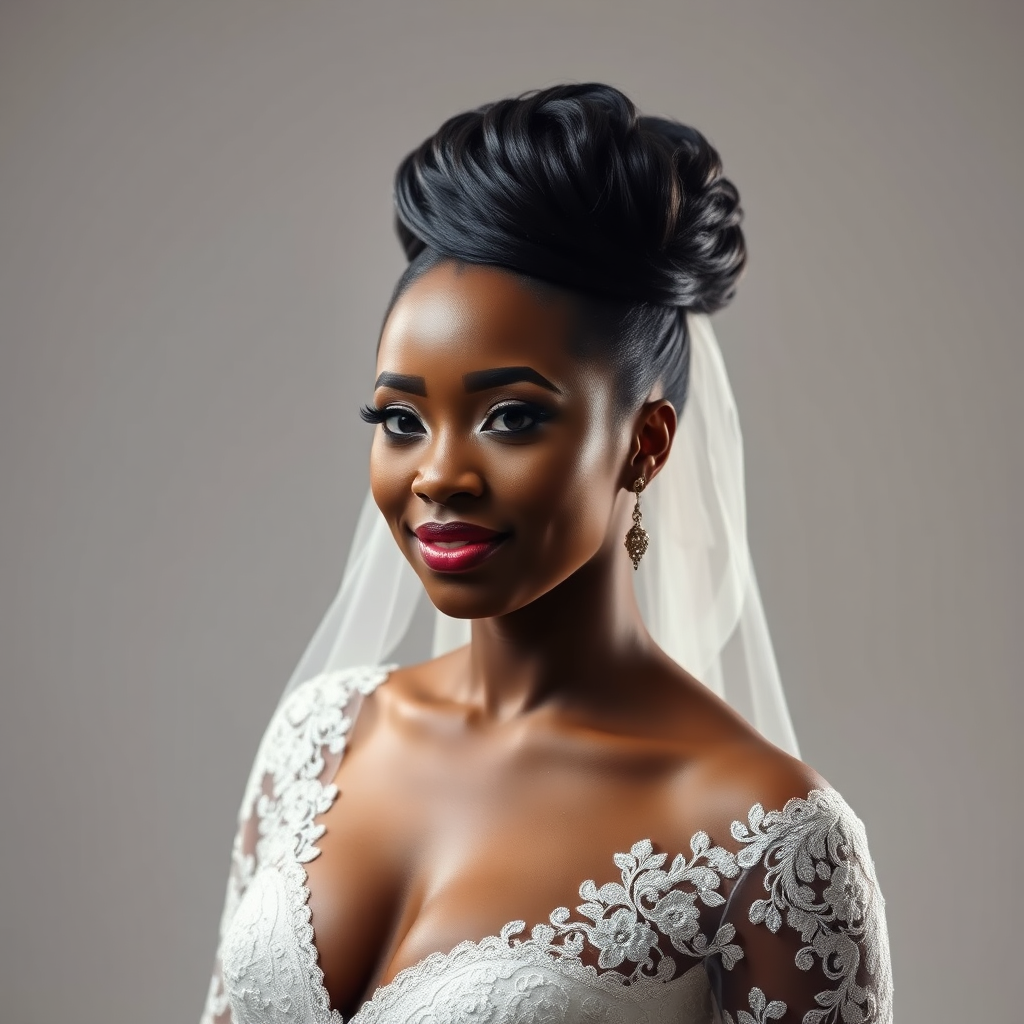 Nigerian bride with intricate lace and elegant updo