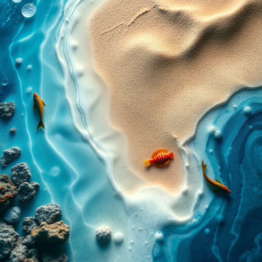 Photorealistic close-up of a section of 3D epoxy flooring with a hyperrealistic ocean scene. The image captures the depth and clarity of the epoxy, with detailed textures of sand, water, and marine life. Soft, diffused lighting enhances the vibrant colors and adds to the immersive feel. 4K resolution.