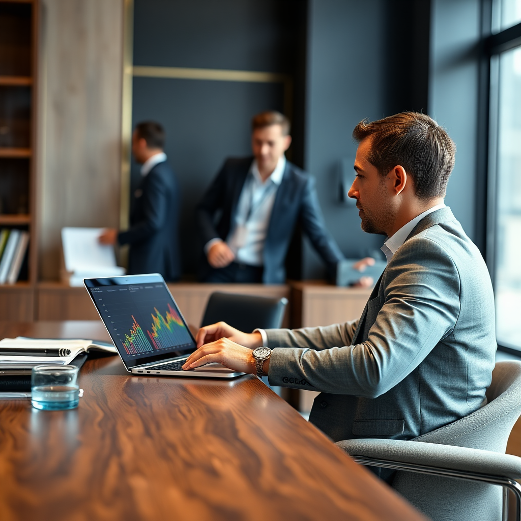 Premium office setting with laptop analytics dashboard and business team in a modern corporate environment