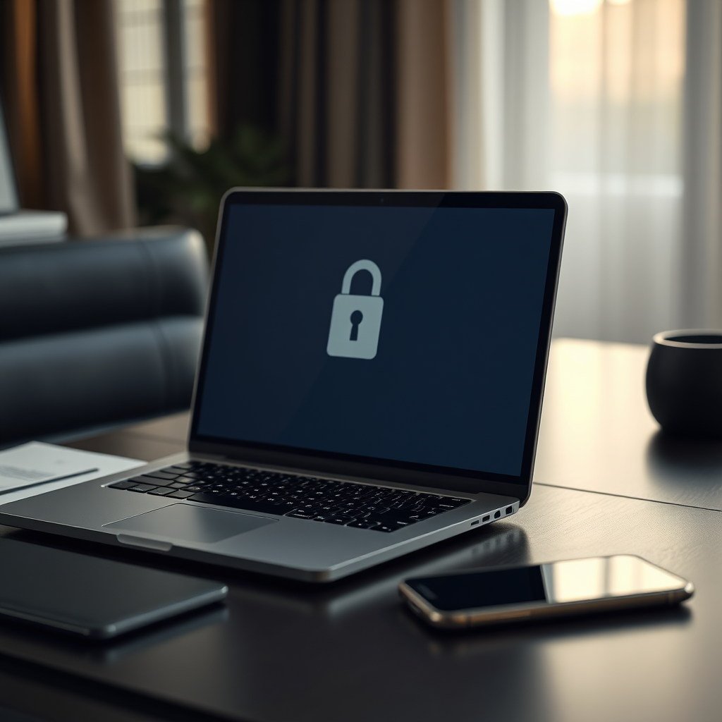 Premium close-up of secure online payment confirmation on laptop with card and professional desk setup