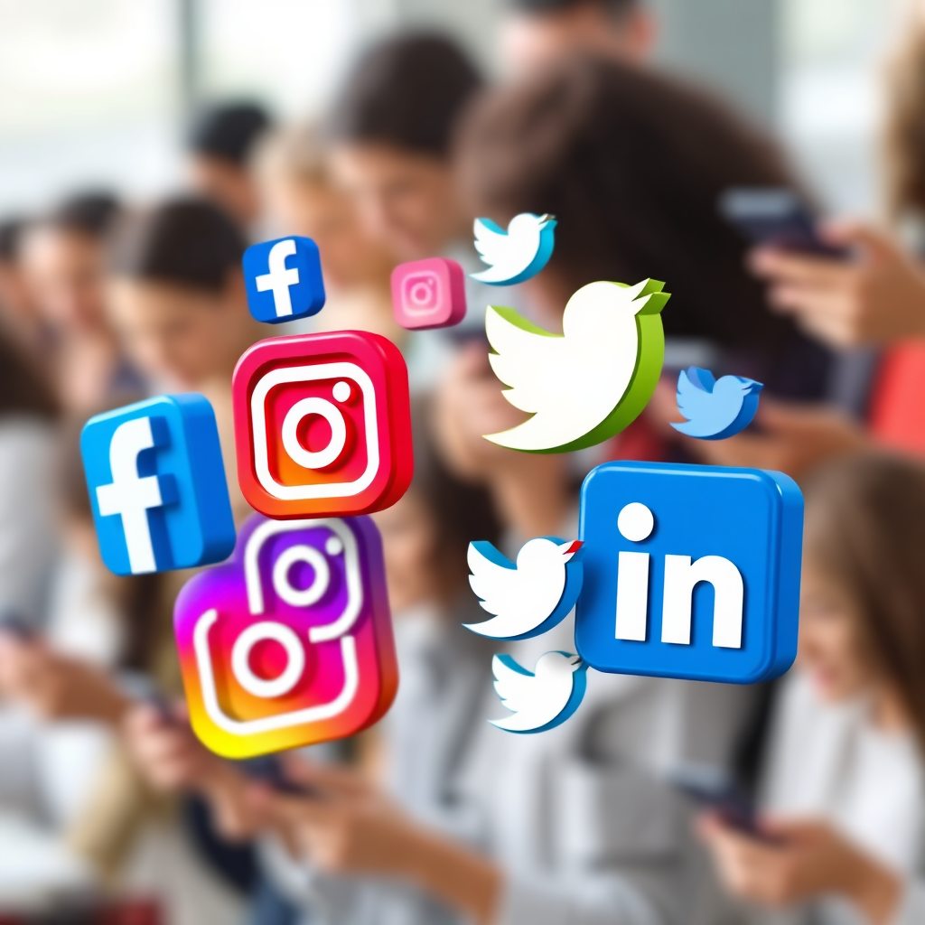 A photorealistic image of various social media icons (Facebook, Instagram, Twitter, etc.) arranged in a visually appealing composition. The icons are interconnected, representing a cohesive social media strategy. The color palette is blue and white, with pops of color from the social media logos. The lighting is bright and focused.