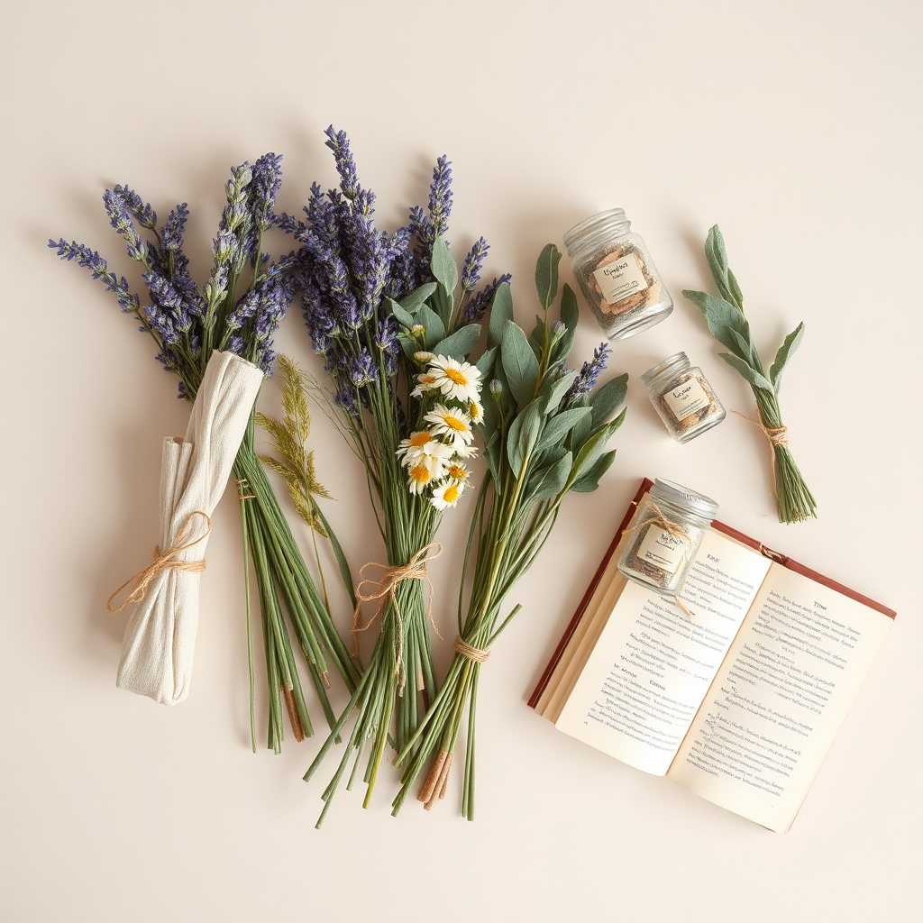 Visualize a tranquil setting with an artistic arrangement of herbs, crystals, and books scattered across a rustic wooden table. These elements are softly illuminated, with a dreamlike quality that encourages visitors to pause and breathe deeply as they delve into their inner journey.