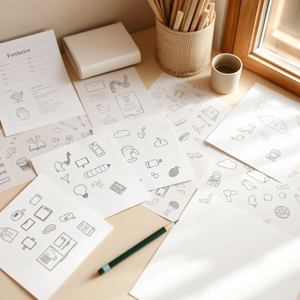 Illustration of a calm, organized workspace with doodles