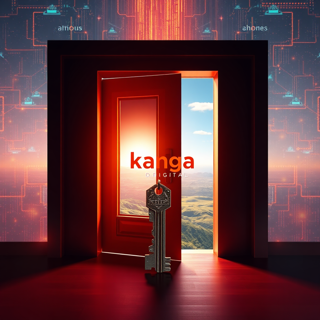 A visual metaphor of a key unlocking a door leading to a bright, expansive digital landscape. The key is stylized with the Kanga Digital logo. The landscape beyond the door should represent success, growth, and endless possibilities. The lighting should be dramatic, highlighting the transformation. The color palette should be inspiring and uplifting. Technical specs: 4K resolution, high-impact visual.