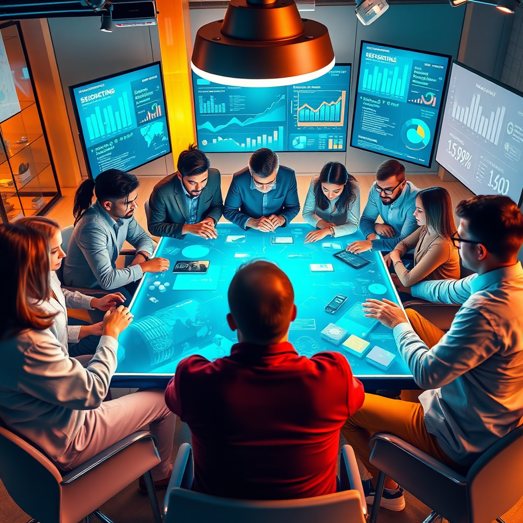 Create a stylized image representing the collaborative spirit of Kanga Digital. The scene depicts a diverse team of digital marketing experts brainstorming around a holographic table displaying various digital marketing strategies. The table is surrounded by interactive screens showcasing real-time data analytics and campaign performance. The lighting is warm and inviting, creating a sense of collaboration and innovation. The color palette is a mix of blues, greens, and oranges, reflecting the company's brand identity. The camera angle is a medium shot, capturing the team's expressions and interactions. The texture details should be sharp and modern, conveying a sense of professionalism. The environment should evoke a sense of a cutting-edge digital marketing agency. Style reference: a blend of modern office aesthetics and futuristic technology. Technical specs: 4K resolution, high-quality rendering, emphasis on detail and realism.