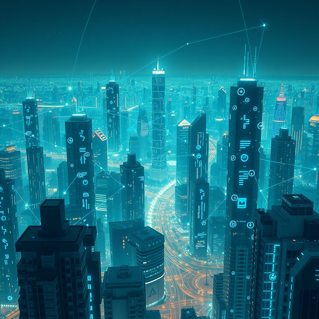 A futuristic cityscape with buildings interconnected by glowing AI neural networks. Showcase the interconnectedness and intelligence that AI brings to urban infrastructure. Focus on blues and greens, and render in 4k resolution.