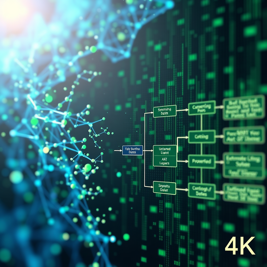 A photorealistic image of a complex data stream flowing into an AI neural network, which then transforms into a simplified, optimized process flow chart. The color palette is predominantly blue and green, signifying data and efficiency. The lighting is focused on the data stream, highlighting its transformation. Render in 4K.