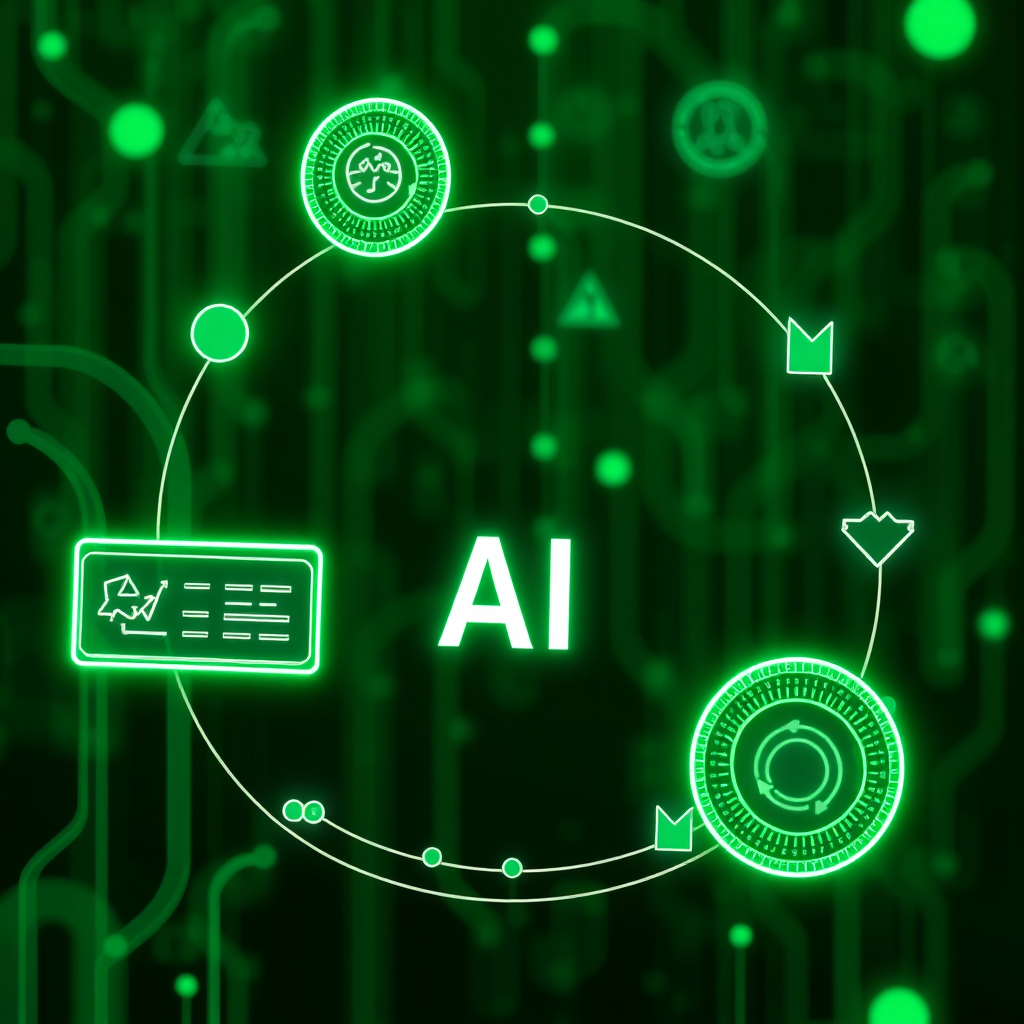 A photorealistic image of a feedback loop with AI algorithms analyzing data in real-time and suggesting improvements. The color palette should be predominantly green, representing growth and optimization. Render in 4K.