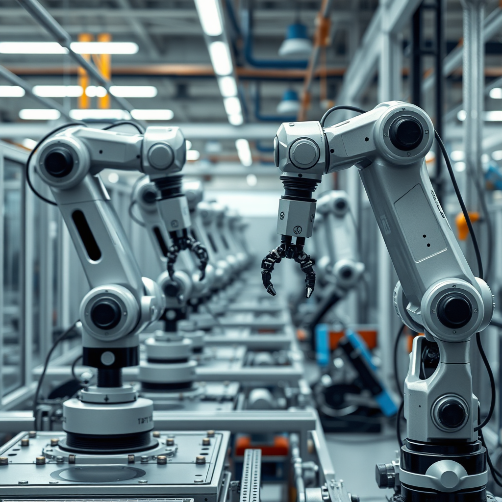 A photorealistic image of robotic arms seamlessly performing tasks in a manufacturing environment, guided by AI algorithms. The scene is clean and efficient, showcasing the power of automation. The color palette is a blend of silver, blue, and white, representing technology and precision. Render in 4K.