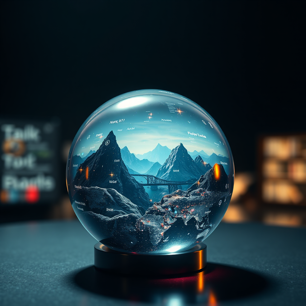 A stylized image of a crystal ball reflecting a future business landscape filled with both potential risks and rewards. AI algorithms are overlaid on the crystal ball, representing the ability to predict outcomes. The lighting is dramatic, emphasizing the mystery and potential of the future. Render in 4K.