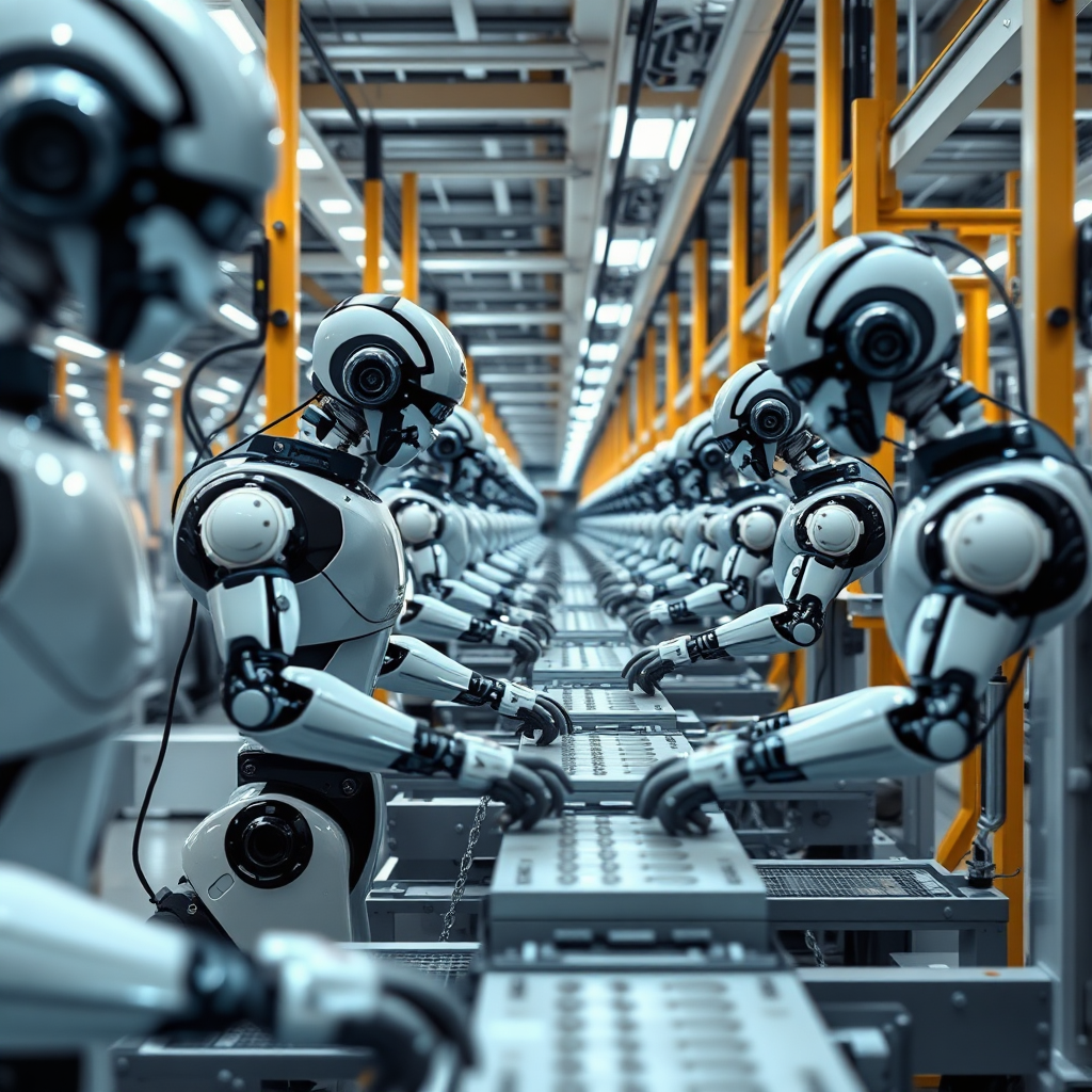 A stylized image of an automated assembly line with AI-powered robots working in perfect synchronization. The lighting should be bright and clean, emphasizing the efficiency and precision of the process. Render in 4K.