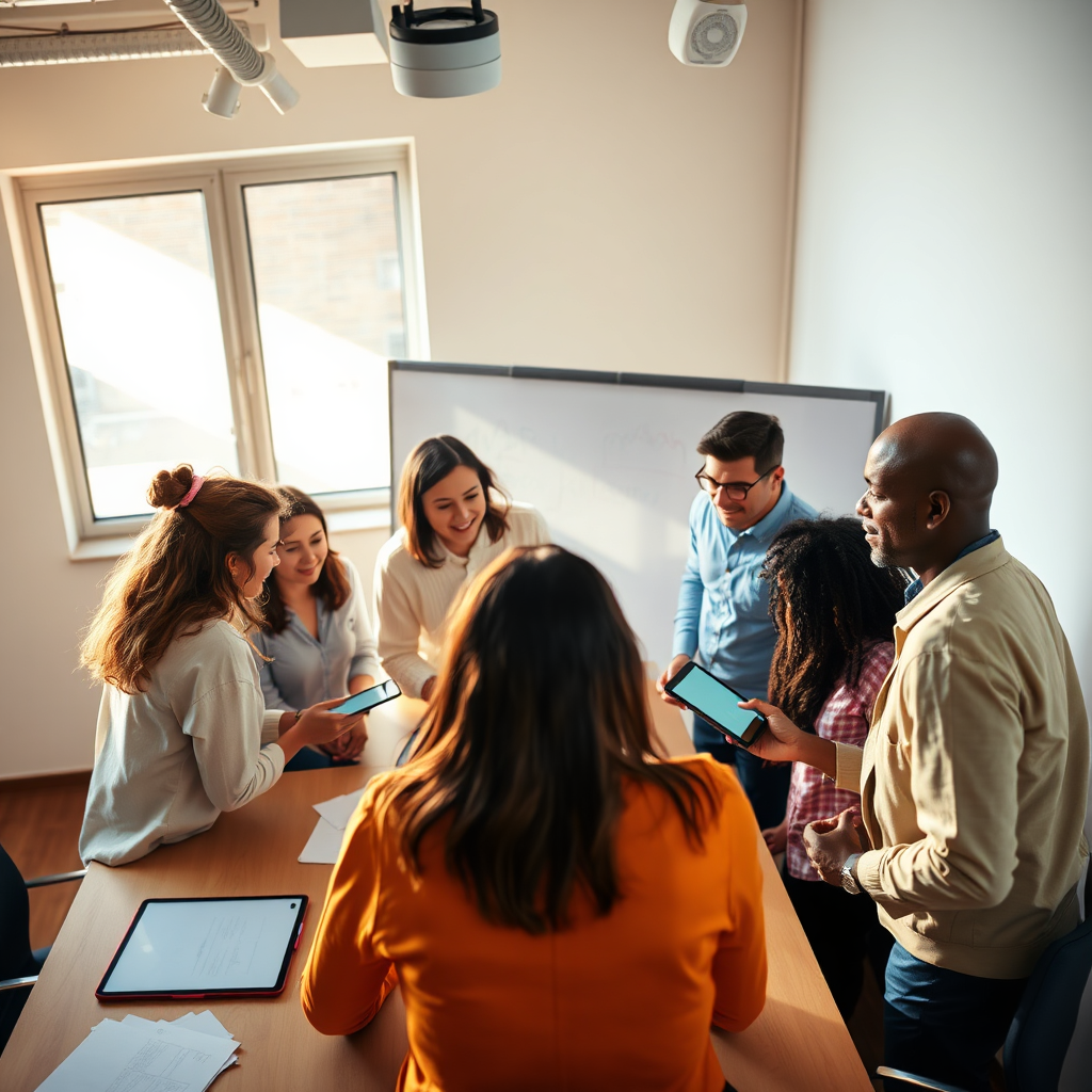 A dynamic image showcasing a brainstorming session among diverse team members in a well-lit meeting room, symbolizing partnership and collaboration. The lighting is bright and energetic, fostering creativity. The color palette features warm tones with vibrant highlights. The camera angle is slightly overhead, capturing both interaction and digital tools such as tablets and whiteboards. Texture details reflect the energy of active discussion and idea sharing. Style references are similar to modern collaborative workspaces. Technical specs: High quality.
