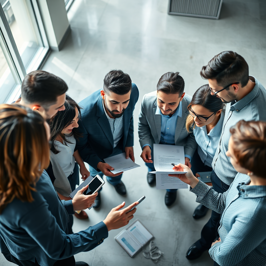 A dynamic image showing a diverse team collaborating over digital transformation strategies with documents and devices. The lighting is bright and energetic, fostering creativity and communication. The color palette utilizes professional tones with vibrant inclusions. The camera angle is from above, capturing the collaborative atmosphere. Texture details exhibit a lively workspace with interactive elements. Style references may include modern tech consultancy spaces. Technical specs: High quality.