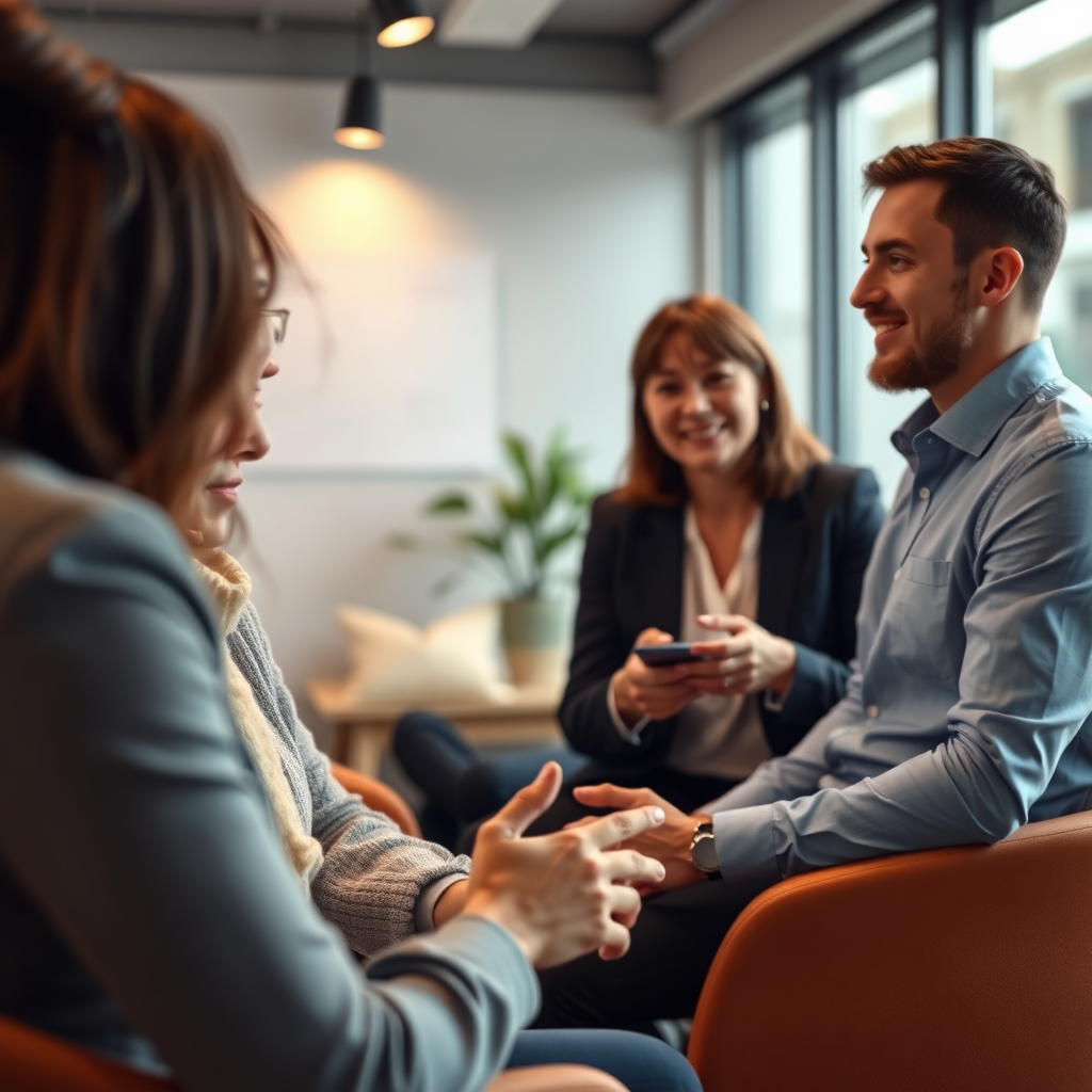 A photorealistic image of a consultation in progress, emphasizing personalization and customization. The lighting is soft and focused on participants, showcasing engagement. The color palette incorporates warm and welcoming tones. The camera angle highlights interaction and connection among participants. Texture details reflect the professionalism and care in service. Style references align with personalized client interactions. Technical specs: High quality.