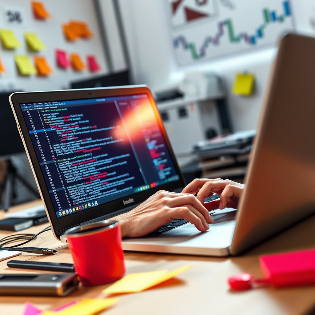 A photorealistic image of a developer coding on a laptop, surrounded by design tools and sticky notes. The lighting is bright and focused on the screen, enhancing the atmosphere of productivity. The color palette is modern with vibrant highlights. The camera angle is close-up, allowing detailed visibility of the screen and workspace. Texture details showcase the tools of the trade. Style references may include contemporary software development environments.