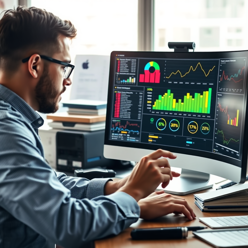 A photorealistic image of a digital marketer analyzing data on a computer with charts and graphs visible. The lighting is bright and focused, enhancing clarity. The color palette is professional with vibrant statistics highlighting results. The camera angle captures both the marketer and the analytical tools simultaneously. Texture details show an organized workspace filled with marketing materials.