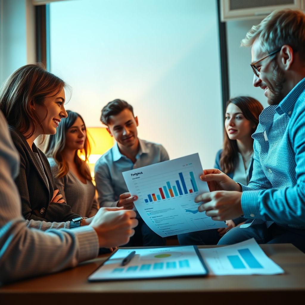 A photorealistic image of a team reviewing a client's project progress, with graphs and feedback forms visible. The lighting is warm and inviting, emphasizing relationship-building. The color palette comprises soft blues and greens, symbolizing growth. The camera angle captures both the team and the project materials, promoting engagement. Texture details reflect the comfort of a collaborative environment. Style references align with modern consulting firms. Technical specs: High quality.