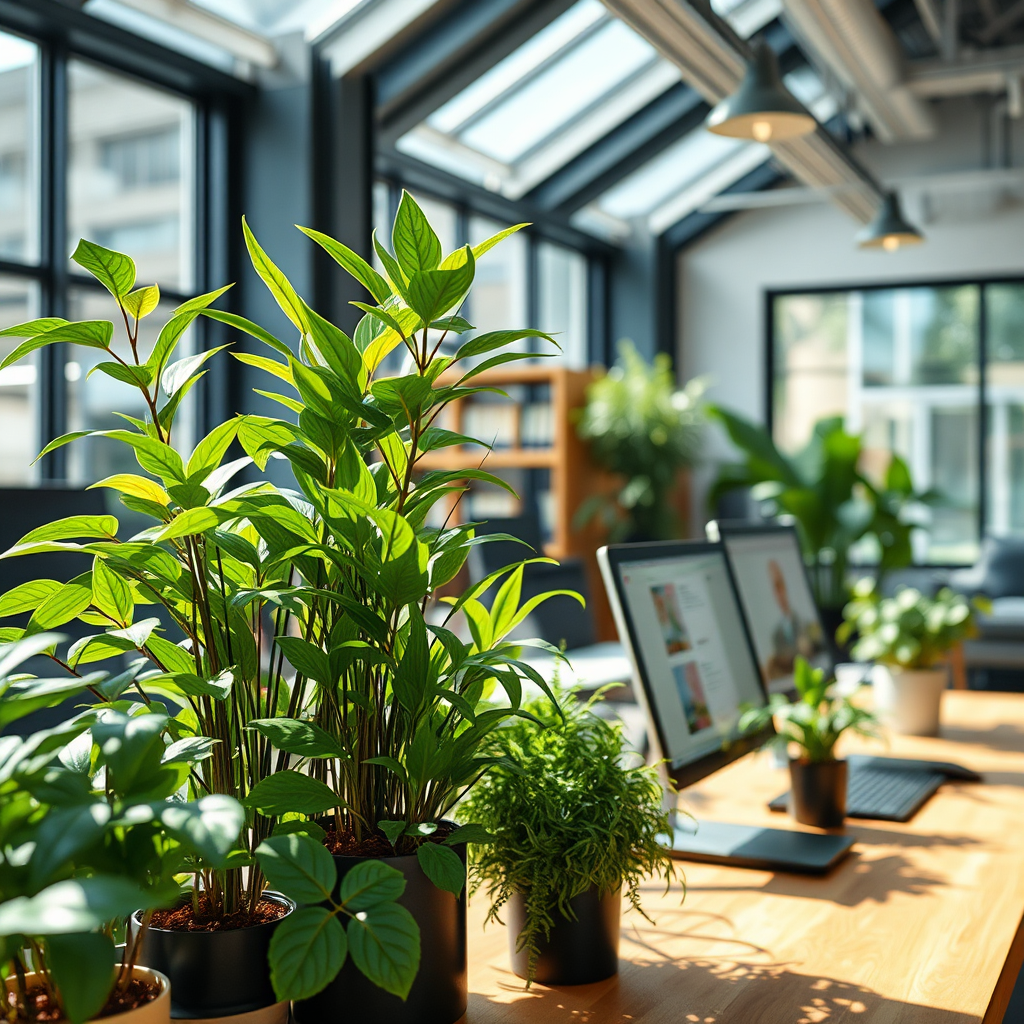 A photorealistic image reflecting values-driven digital solutions with a focus on sustainability. The workspace shows green plants next to advanced technology, highlighting the harmony between nature and innovation. The lighting is bright and natural, symbolizing clarity and integrity. The color palette incorporates greens and browns to emphasize eco-friendliness. The camera angle is wide, capturing the workspace and natural elements together. Texture details provide a sense of vitality. Style references align with eco-friendly corporate environments. Technical specs: High quality.