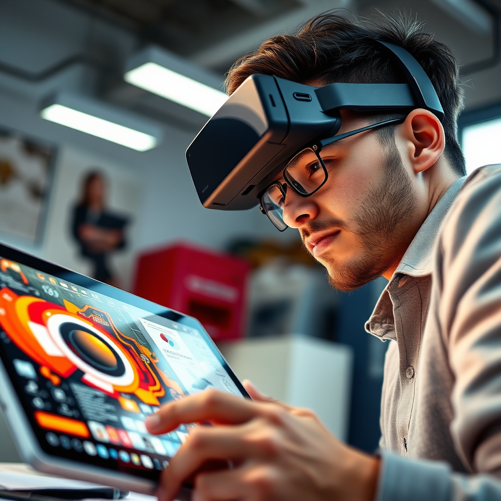 A photorealistic image showcasing a designer at work, with a focus on innovative digital design tools like tablets and VR interfaces. The lighting is bright, enhancing focus and creativity. The color palette is vibrant, showcasing artistic elements. The camera angle is close-up, capturing the designer’s expression and the intricate details on the screen. Texture details reflect the sleekness of digital devices. Style references are akin to creative digital studios. Technical specs: High quality.