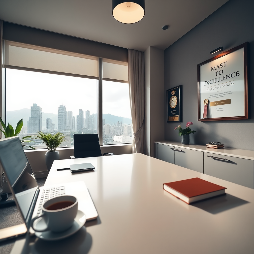 A stylized image depicting a serene office with an inspiring view, symbolizing commitment to excellence. The composition includes a desk with a laptop, a coffee cup, and framed awards highlighting achievements. The lighting is soft, creating a calm yet motivating atmosphere. The color palette comprises neutral tones with pops of color showing dedication and focus. The camera angle is eye-level, bringing a personal touch to the image. Texture details showcase polished surfaces and an inviting environment. Style references may include minimalist corporate aesthetics. Technical specs: High quality.