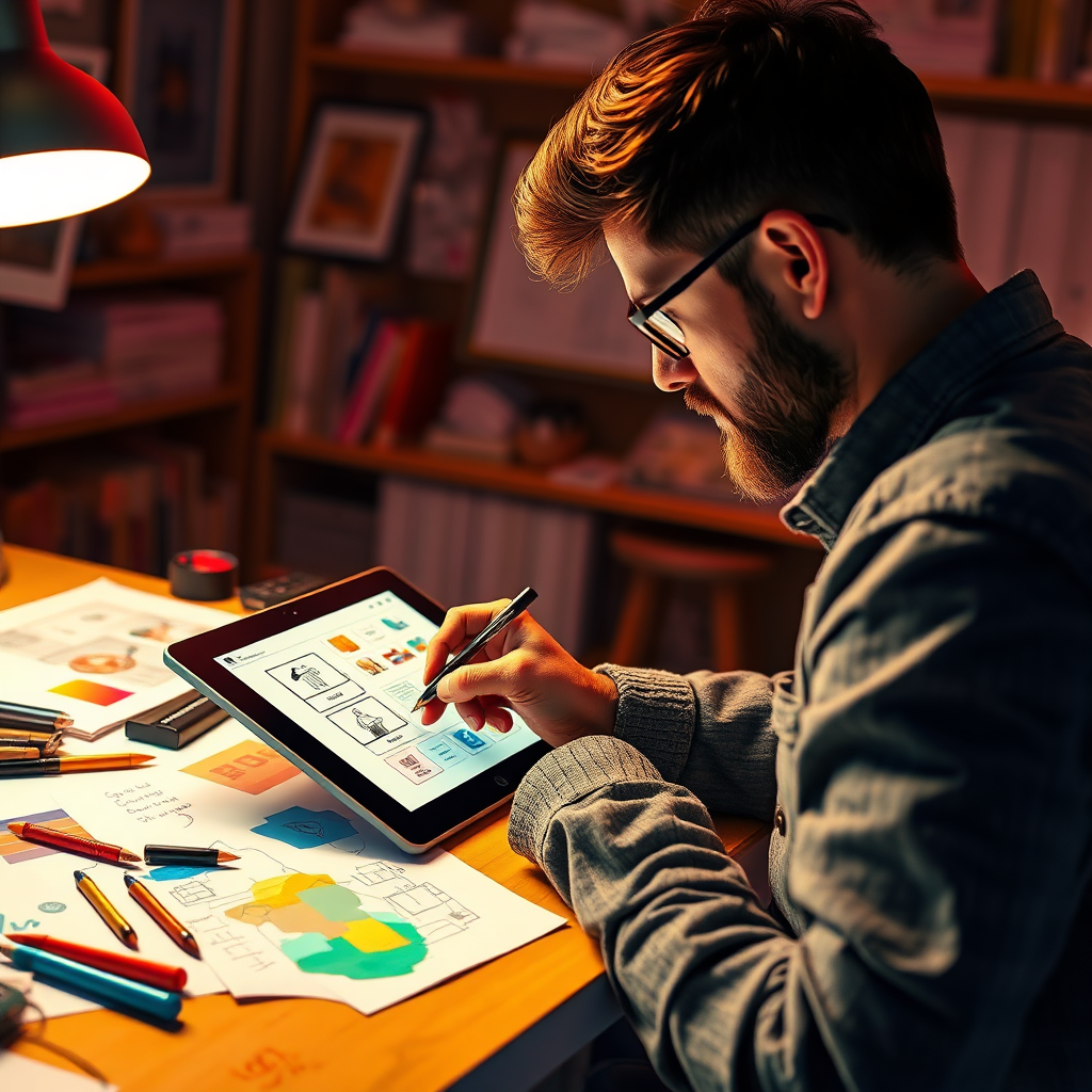 A stylized image of a designer sketching UI concepts on a tablet with colorful design elements around. The lighting is warm, creating an inviting and creative space. The color palette is vibrant, reflecting creativity. The camera angle is over the shoulder, capturing the design process. Texture details display the sleek design tools and sketches in a detailed environment. Style references resemble creative design studios.