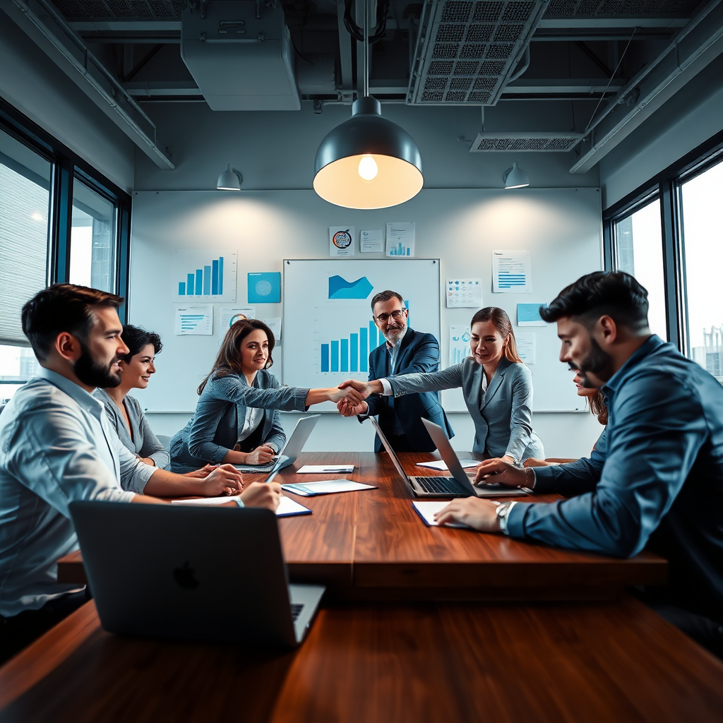 A stylized image of a team meeting depicting collaboration with visual elements indicating integrity, like handshakes and charts. The lighting is balanced, illustrating transparency and trust. The color palette includes blues and grays, conveying professionalism. The camera angle is at eye level, creating an intimate connection with the viewer. Texture details showcase an organized workspace filled with open notebooks and laptops. Style references may reflect modern corporate collaboration. Technical specs: High quality.